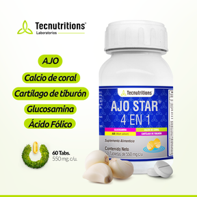 Suplemento alimenticio Ajo Star 4 en 1, 60 tabs, con calcio de coral, cartílago de tiburón, glucosamina
