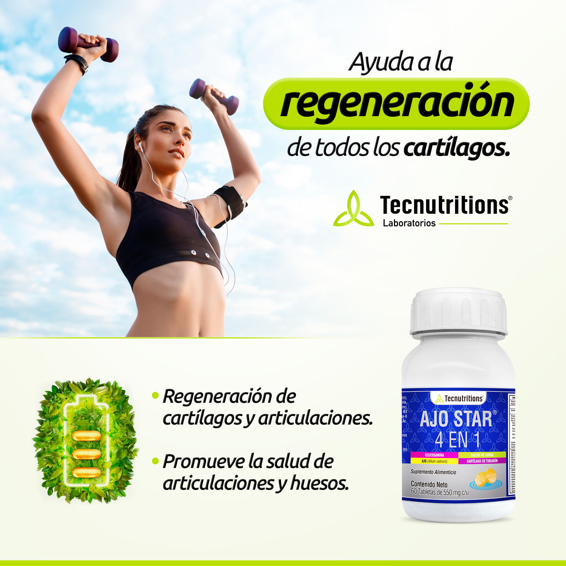 Suplemento alimenticio Ajo Star 4 en 1, 60 tabs, con calcio de coral, cartílago de tiburón, glucosamina