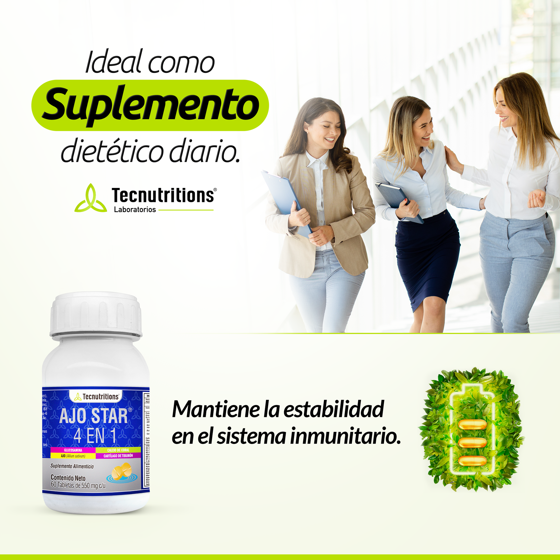 Suplemento alimenticio Ajo Star 4 en 1, 60 tabs, con calcio de coral, cartílago de tiburón, glucosamina