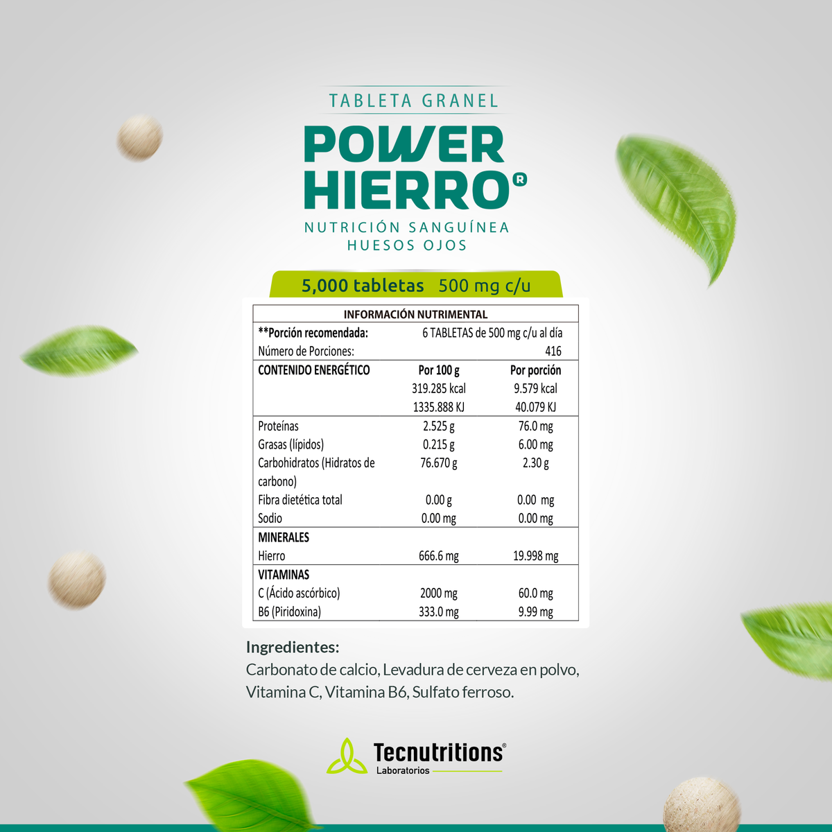 Tableta Granel Power Hierro® Nutrición Sanguínea Huesos Ojos