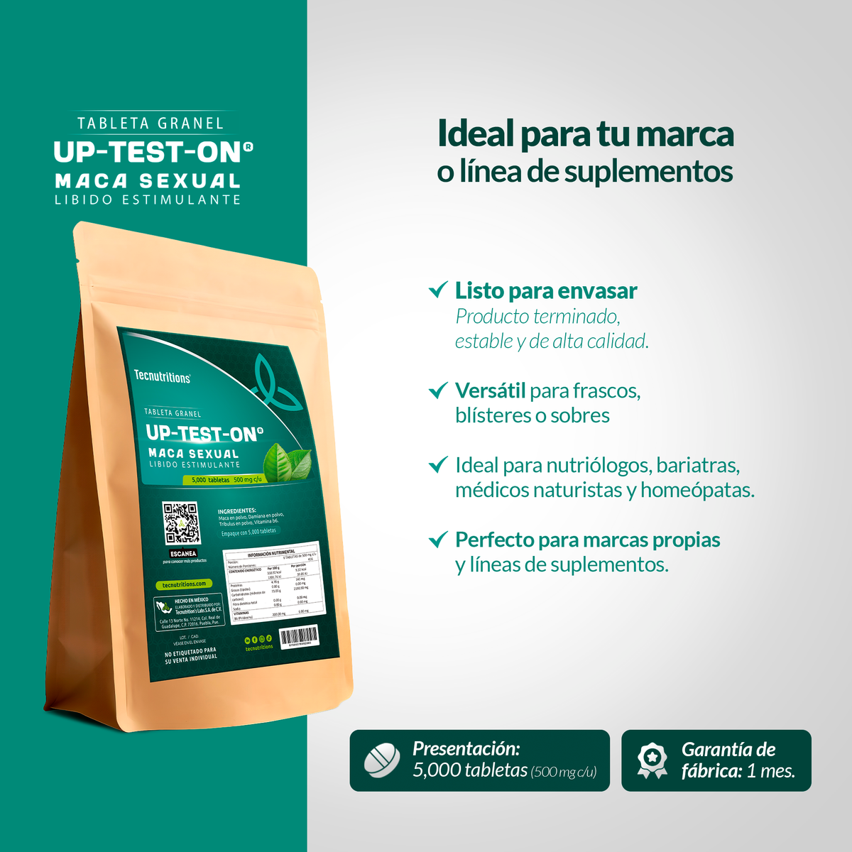 Tableta Granel Up-test-on® Maca Sexual, Libido Estimulante