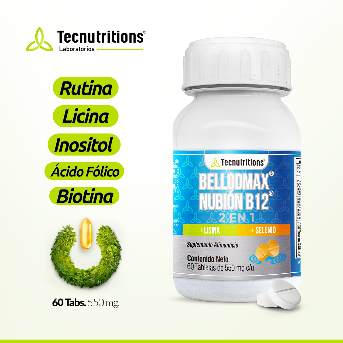 Suplemento alimenticio Bellodmax Nubión B12, 60 tabs, con complejo b, inositol, energía celular