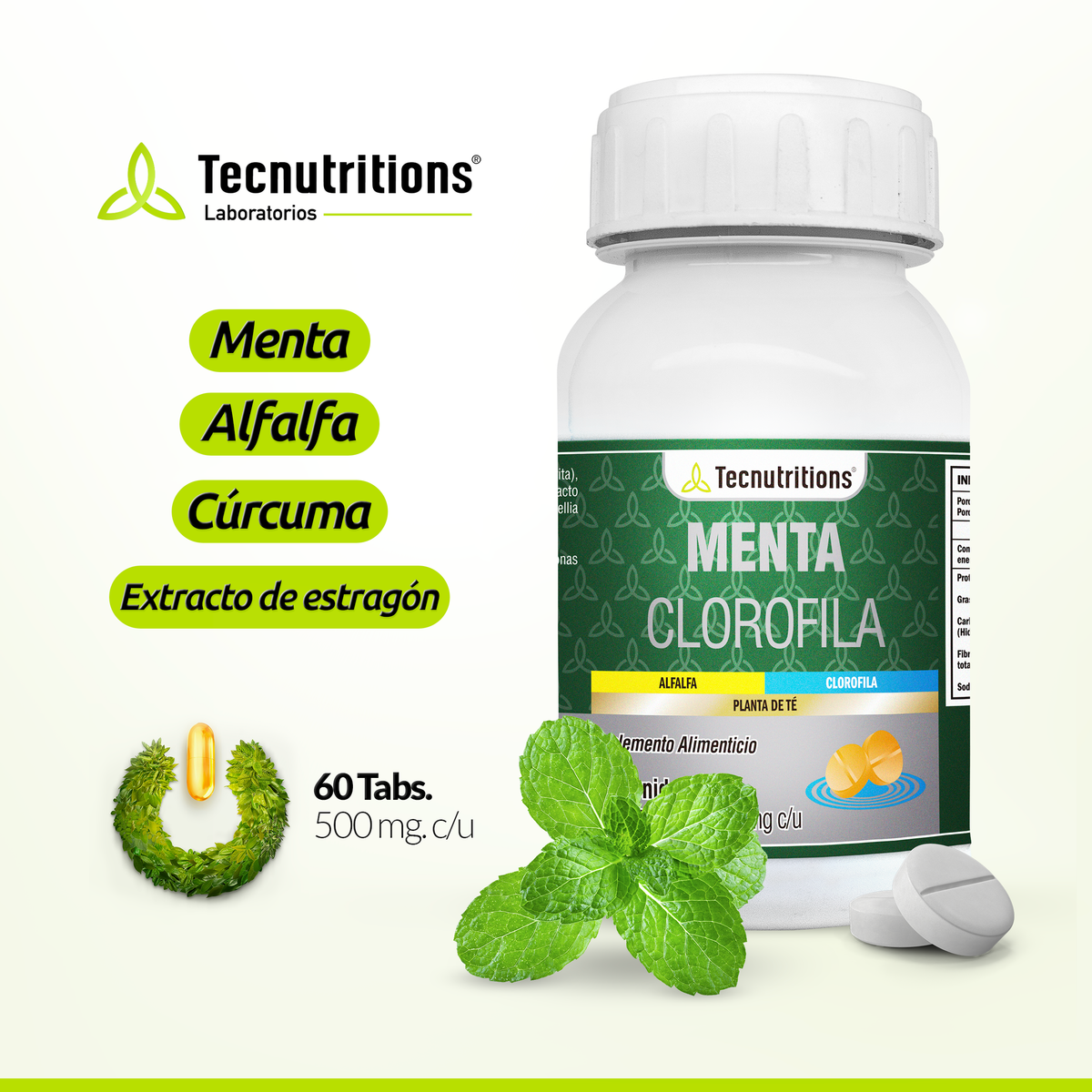 Suplemento alimenticio Menta Clorofila, 60 tabs, con menta, clorofila, estragón, apoyo para la salud sanguínea