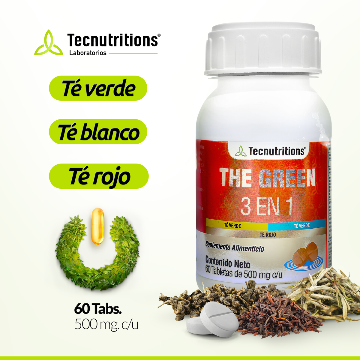 Suplemento alimenticio The Green 3 en 1, 60 tabs, con té blanco, rojo, verde, contribuye al control de la alimentación
