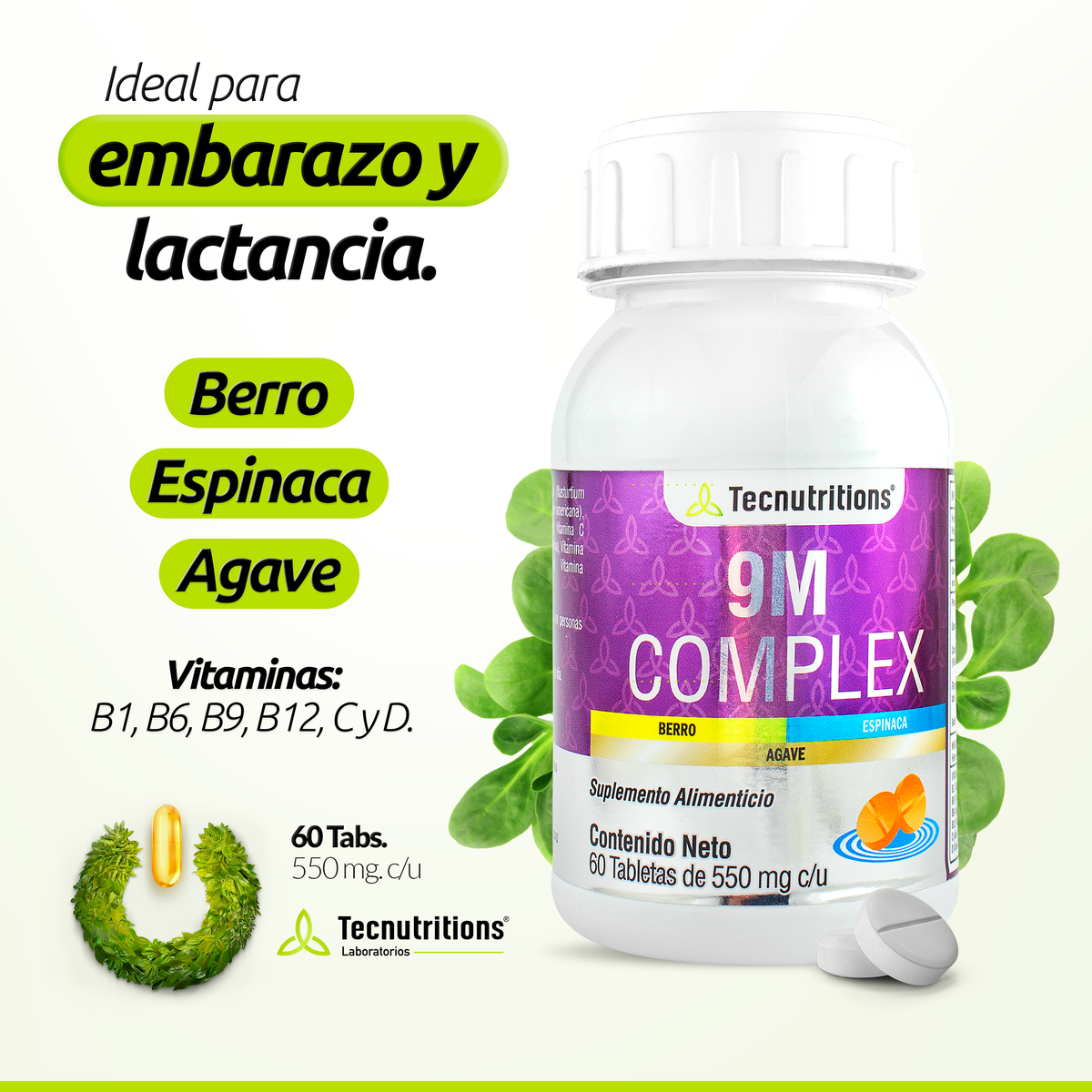 Suplemento alimenticio 9M Complex 60 tabs, con ácido fólico, vitamina c, embarazo y lactancia