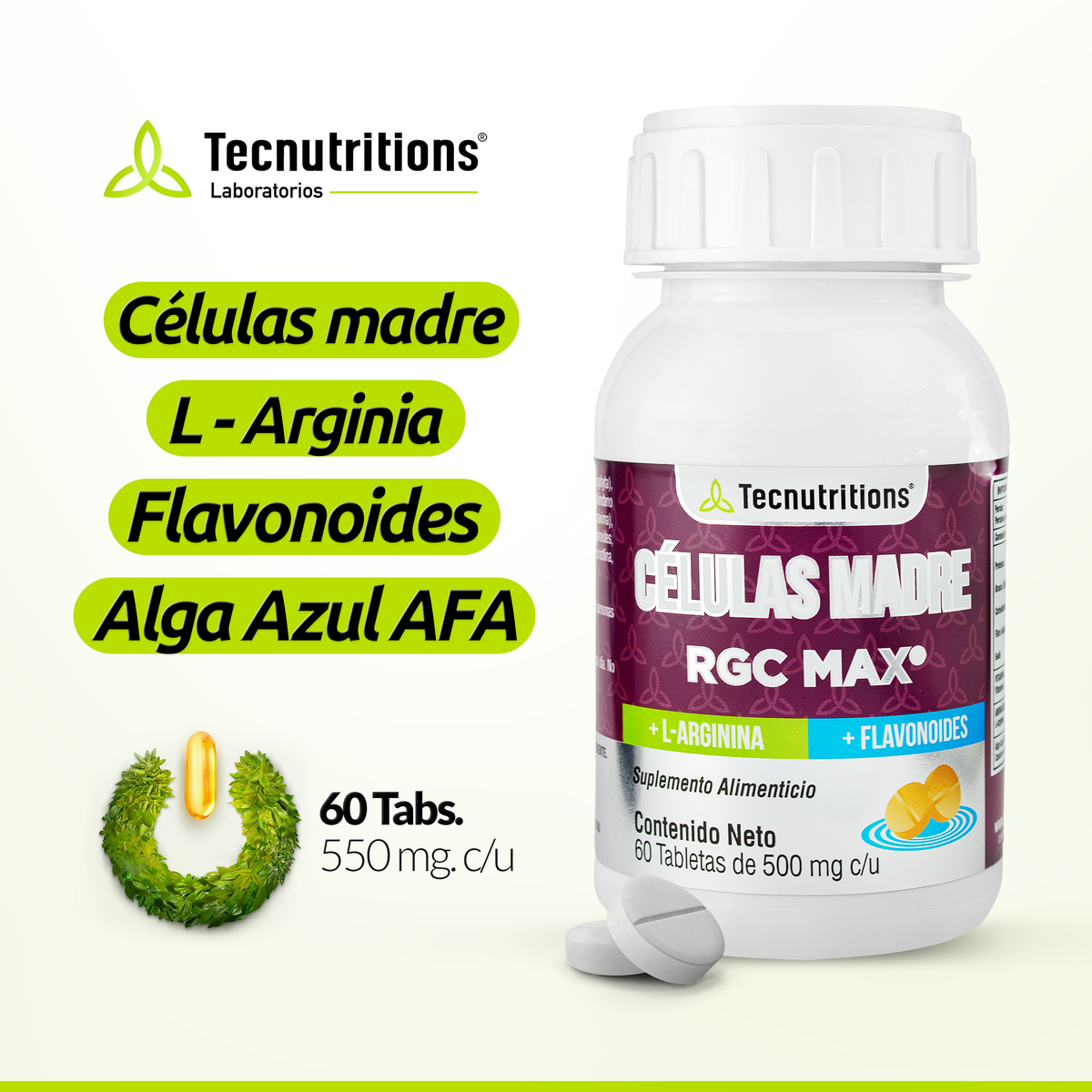 Suplemento alimenticio Células Madre RGC Max, 60 tabs, con células madre de calostro de bovino, l-arginina