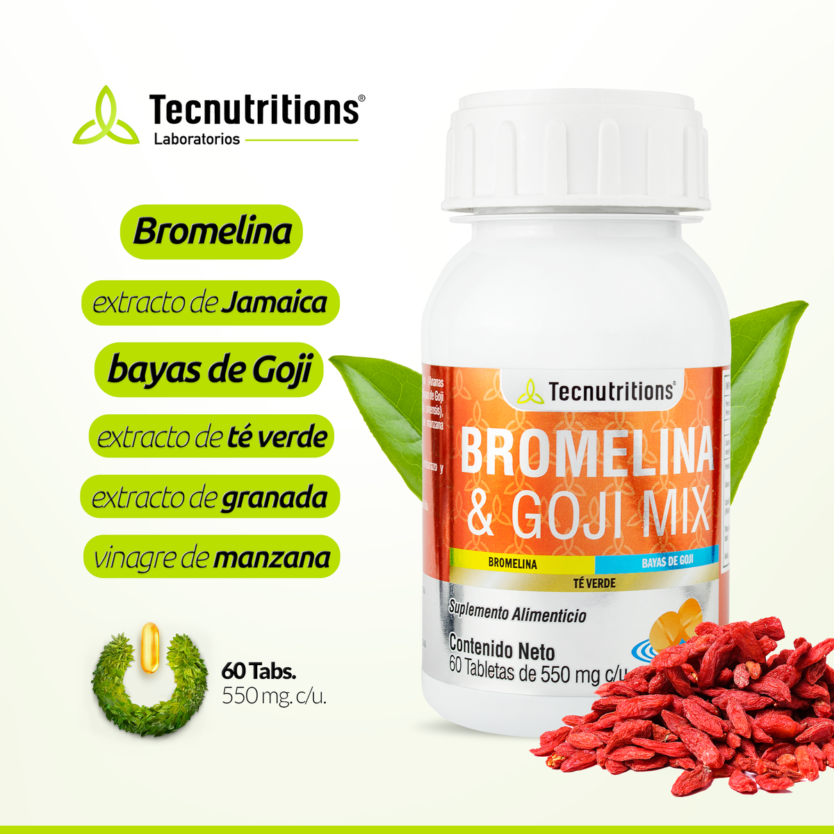 Suplemento alimenticio Bromelina y Goji Mix, 60 tabs, con bromelina, vinagre de manzana, metabolismo
