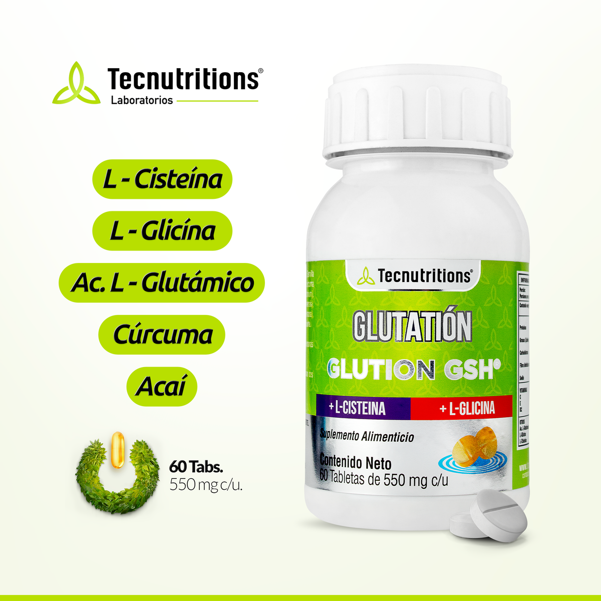 Suplemento alimenticio, Glutatión Glution GSH, 60 tabs, con l-glutámico, l-glicina, l-cisteina
