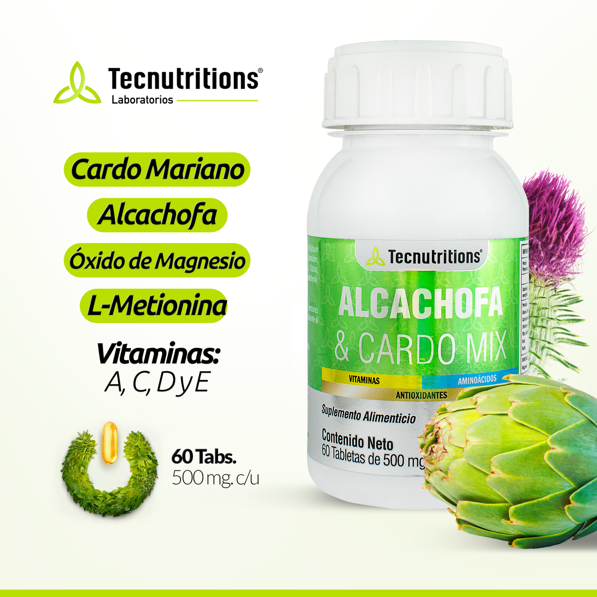 Suplemento alimenticio Alcachofa y Cardo Mix, 60 tabs, con cardo mariano, alcachofa, detox