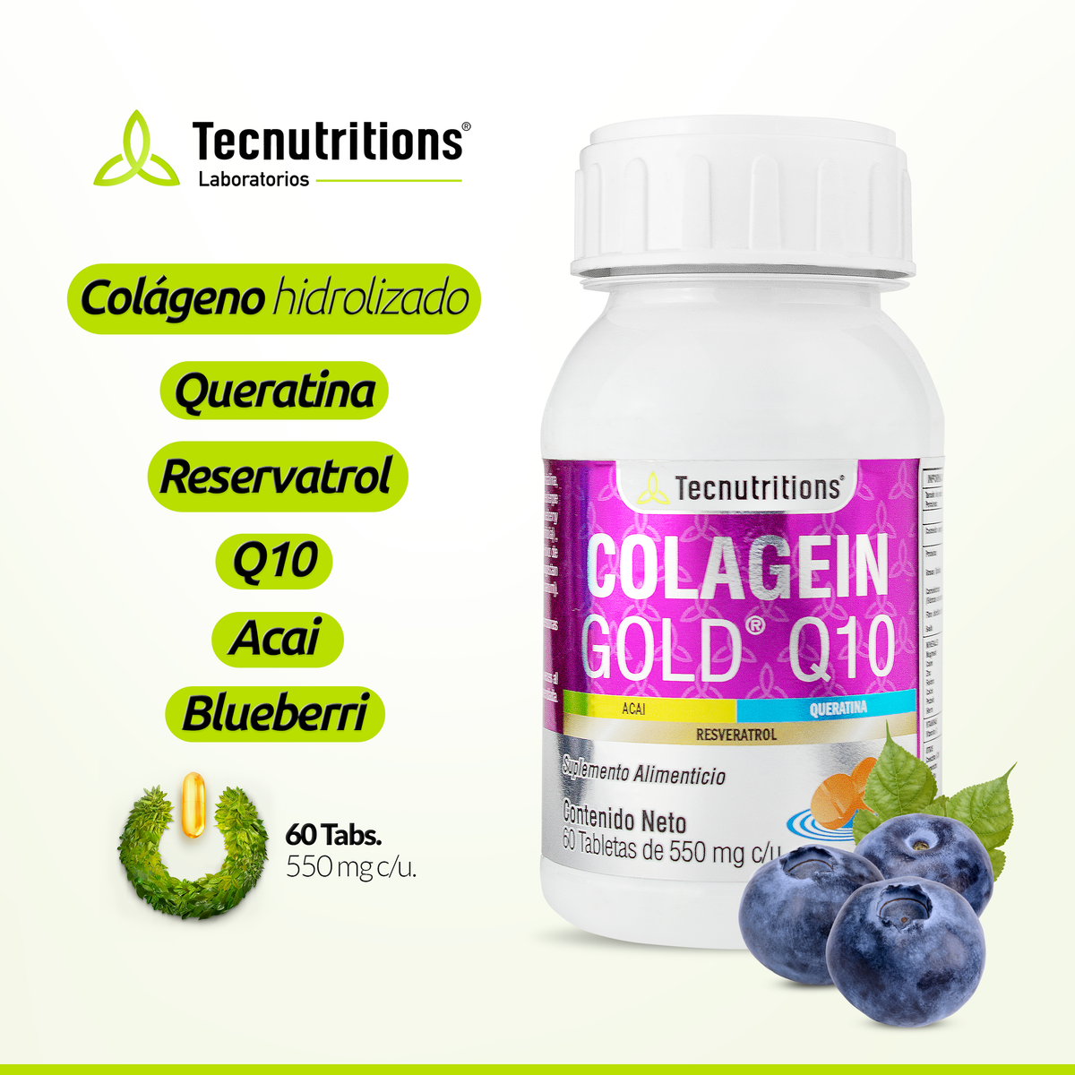 Suplemento alimenticio Colagein Gold Q10, 60 tabs, con colágeno hidrolizado, Q10, queratina
