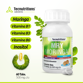 Suplemento alimenticio MRY Moringa, 60 tabs, con polvo de hojas de moringa, vitaminas del grupo B, inositol,