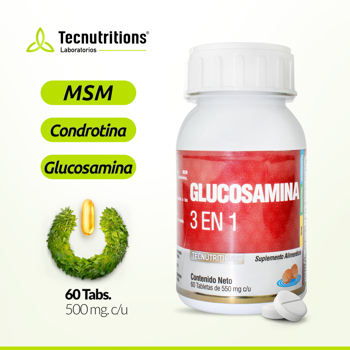 Suplemento alimenticio Glucosamina 3 en 1, 60 tabs, con glucosamina, condroitina, msm