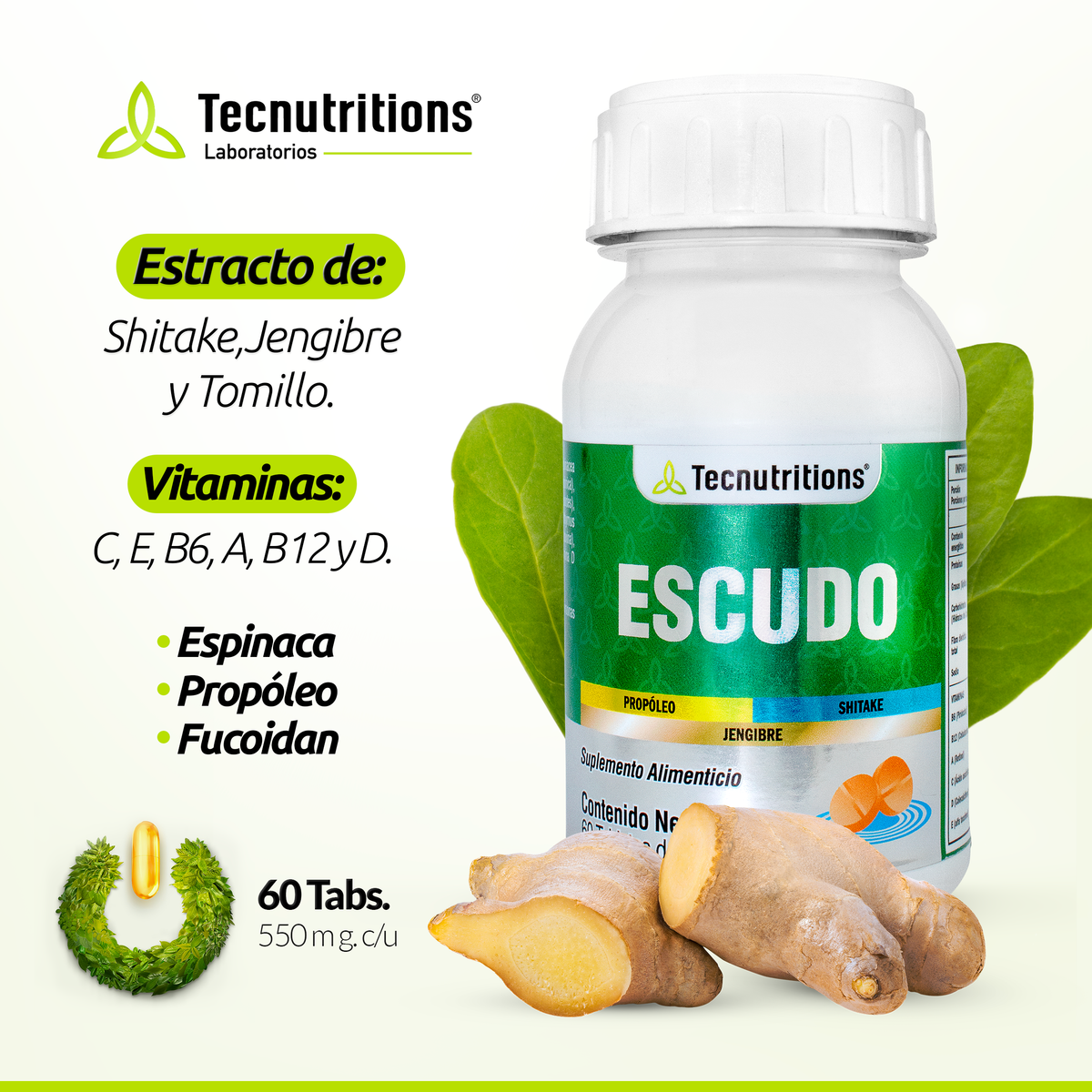Suplemento alimenticio Escudo, 60 tabs, con propóleo, fucoidan, vitamina c, promueve la salud inmunológica