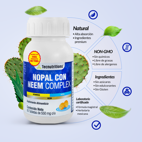 Food supplement with vitamins, antioxidants and fiber, Nopal with Neem Complex, 60 tabl