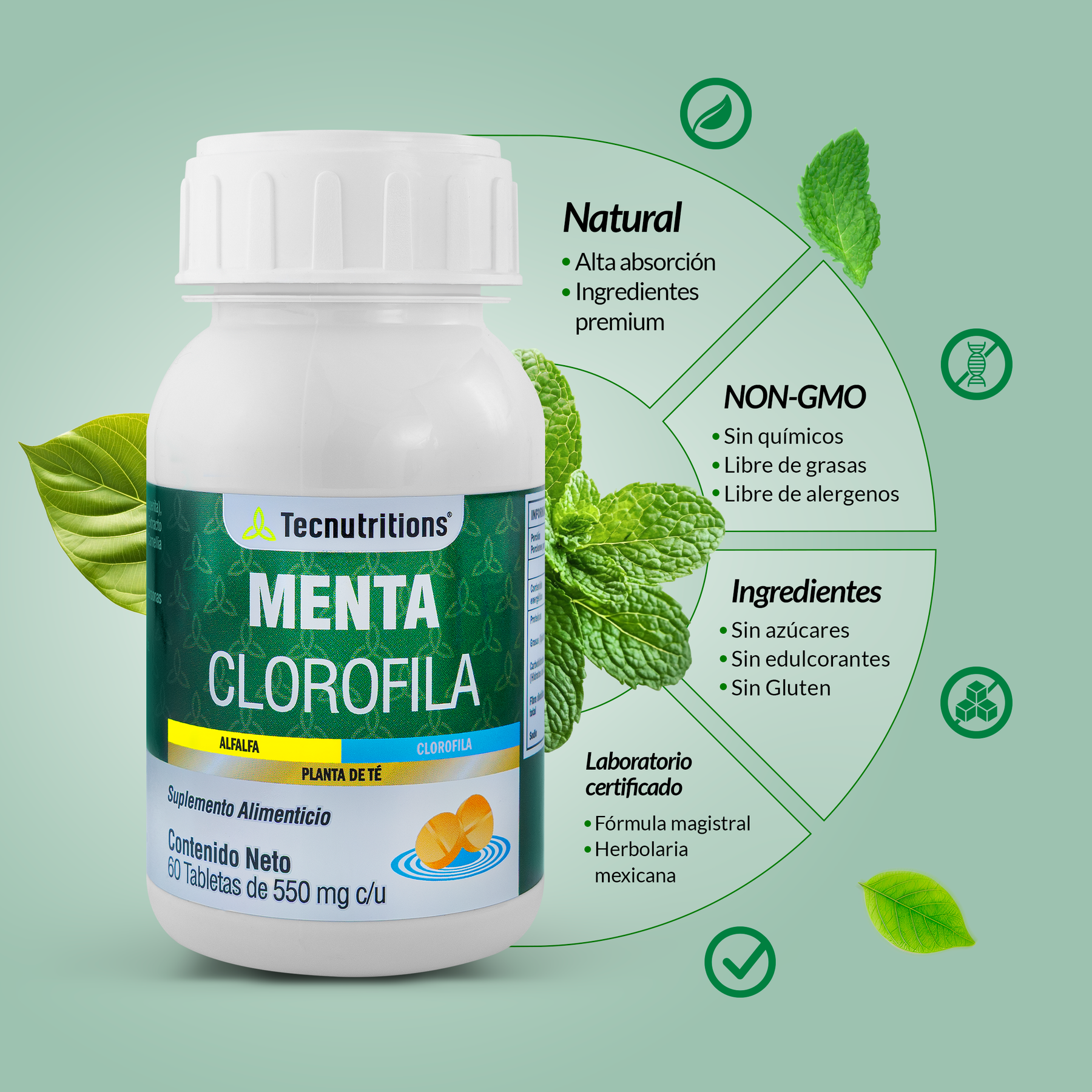 Food supplement with antioxidants and vitamins, Mint Chlorophyll, 60 tabl