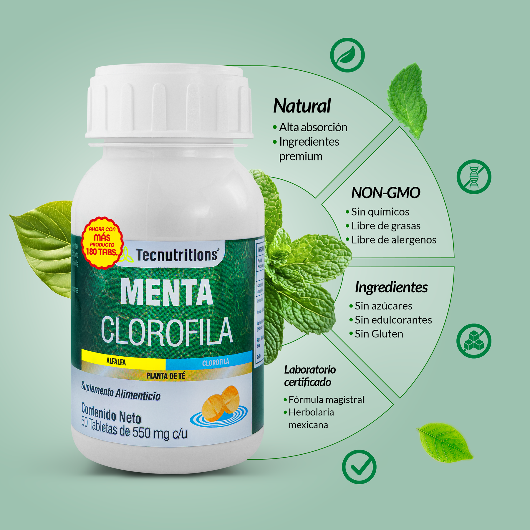 Food supplement with antioxidants and vitamins, Mint Chlorophyll, 60 tabl