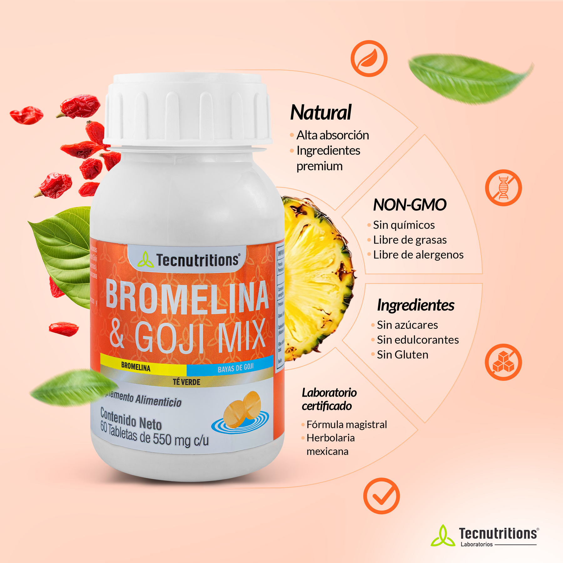 Food supplement with vitamins and antioxidants, Bromelain and Goji Mix, 60 tabl