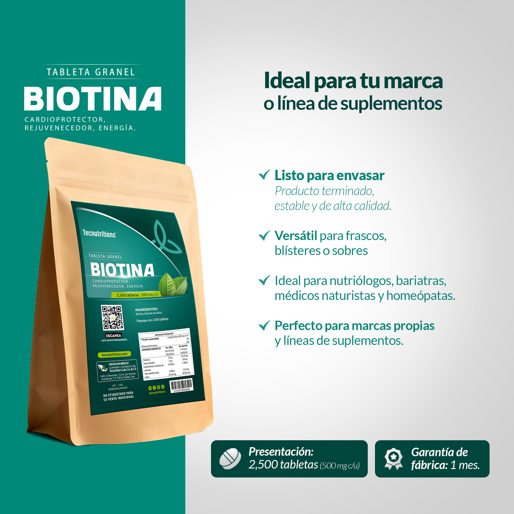 Tableta Granel Biotina Cardioprotector Rejuvenecedor Energía