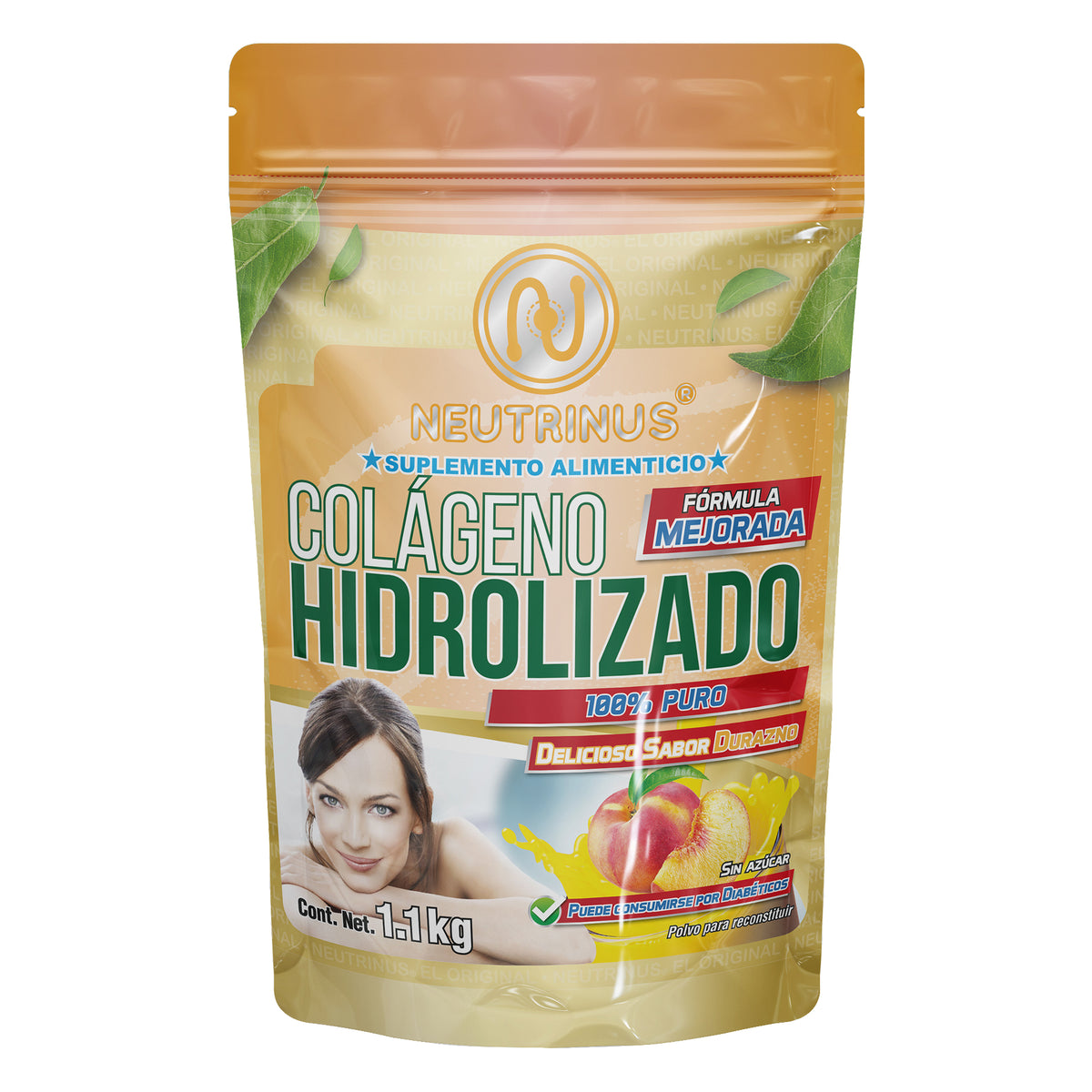 Suplemento Alimenticio Colágeno Hidrolizado 100% Puro En Polvo 1.1 kg, Sabor Durazno