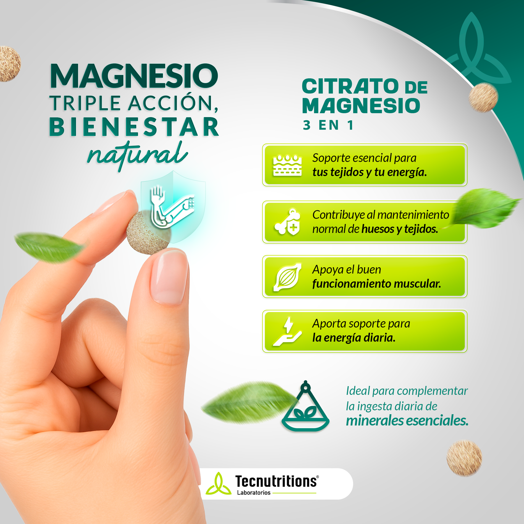 Tableta Granel Citrato Magnesio 3 En 1, Crecimiento Tejidos