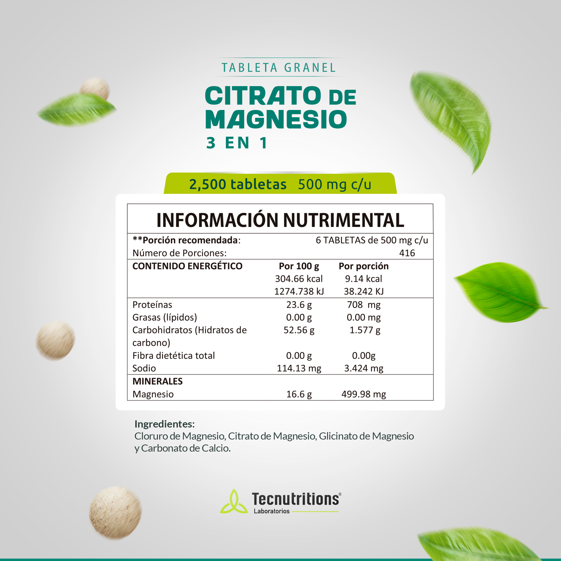Tableta Granel Citrato Magnesio 3 En 1, Crecimiento Tejidos