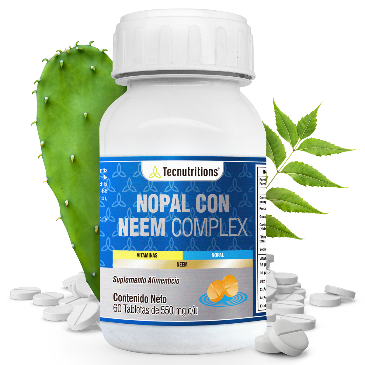 Food supplement with vitamins, antioxidants and fiber, Nopal with Neem Complex, 60 tabl