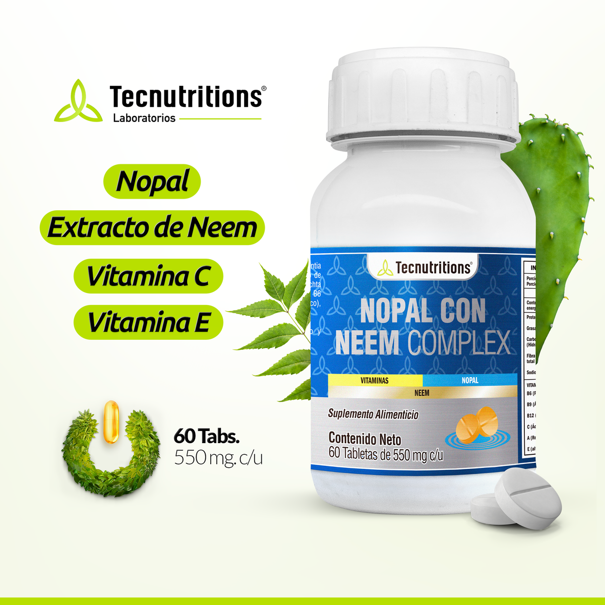 Food supplement with vitamins, antioxidants and fiber, Nopal with Neem Complex, 60 tabl