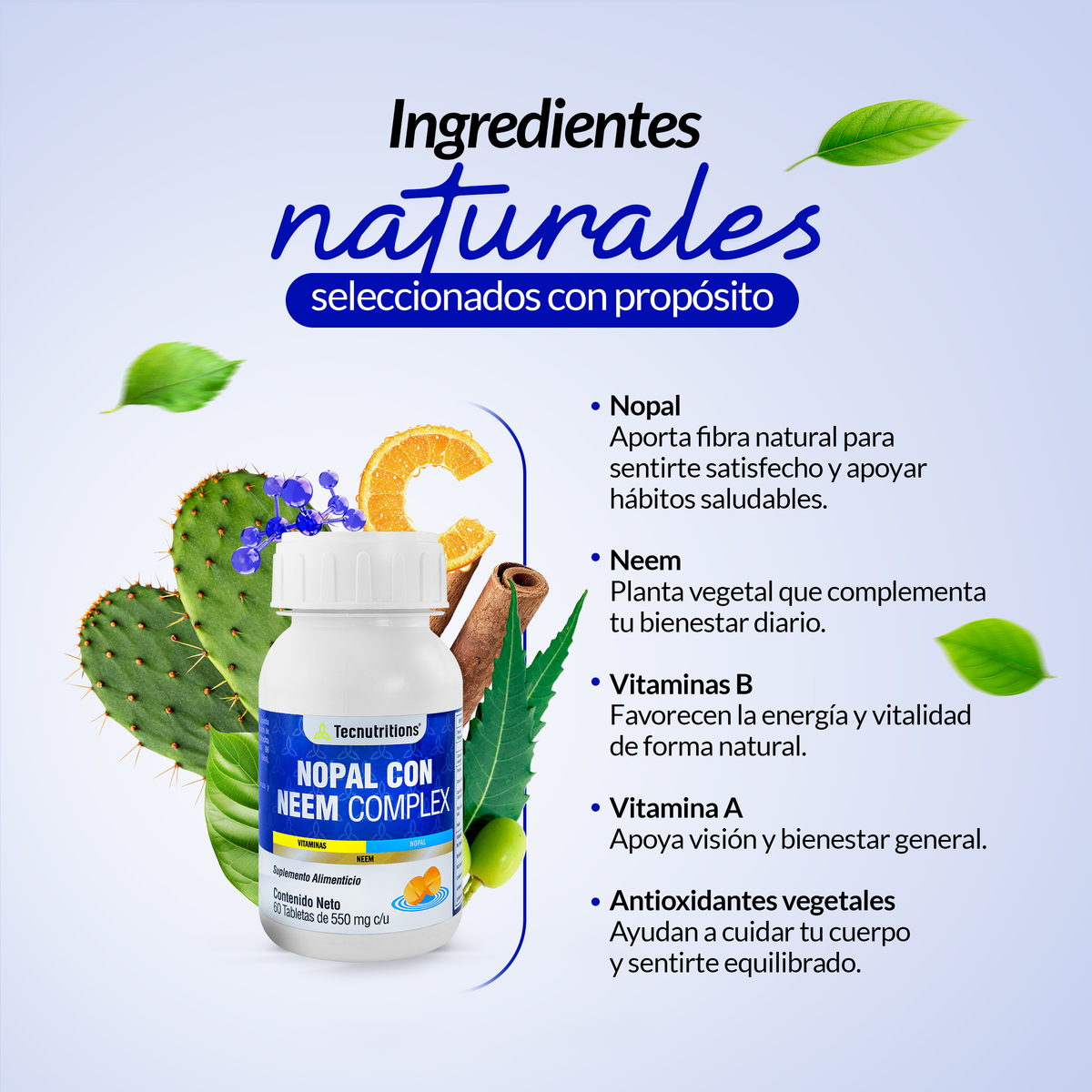 Food supplement with vitamins, antioxidants and fiber, Nopal with Neem Complex, 60 tabl