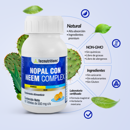 Food supplement with vitamins, antioxidants and fiber, Nopal with Neem Complex, 60 tabl