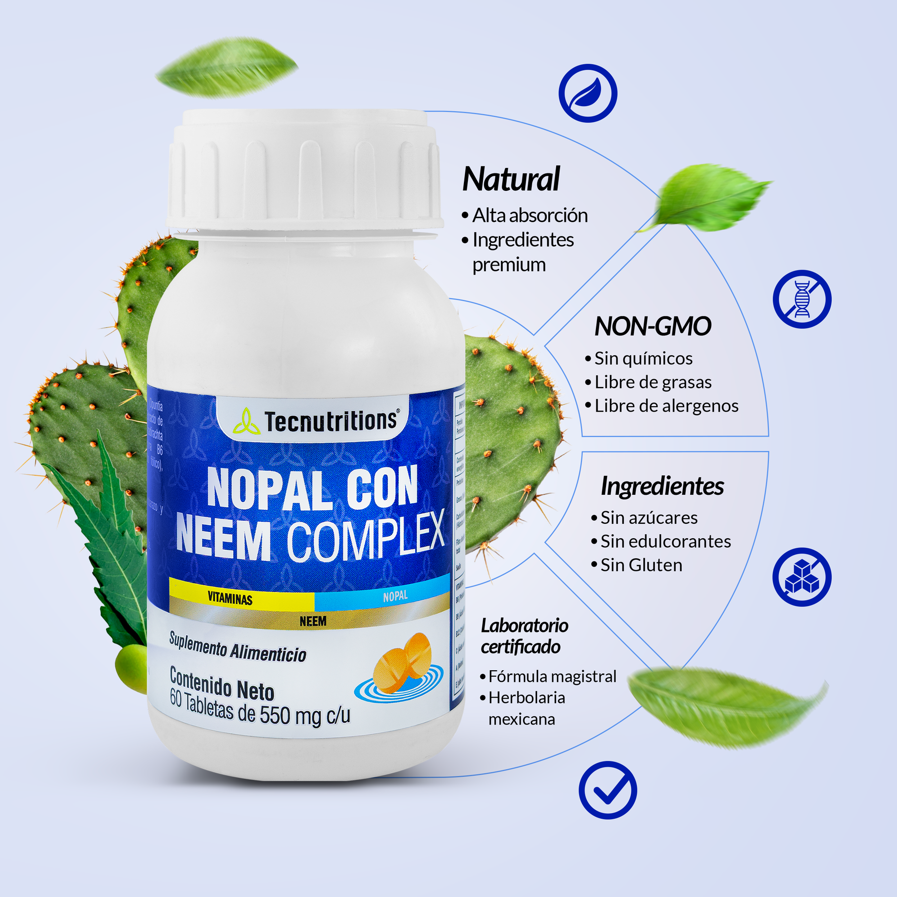 Food supplement with vitamins, antioxidants and fiber, Nopal with Neem Complex, 60 tabl