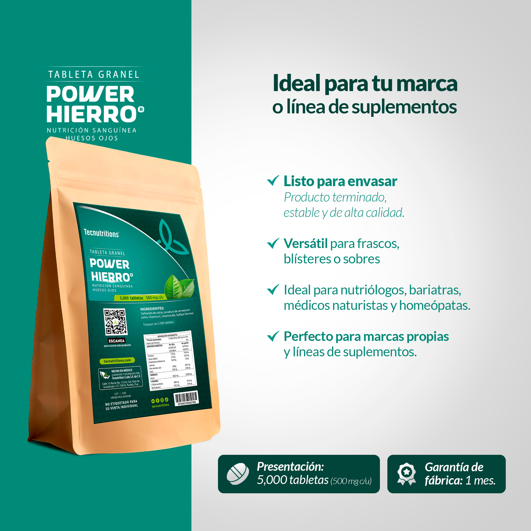 Tableta Granel Power Hierro® Nutrición Sanguínea Huesos Ojos