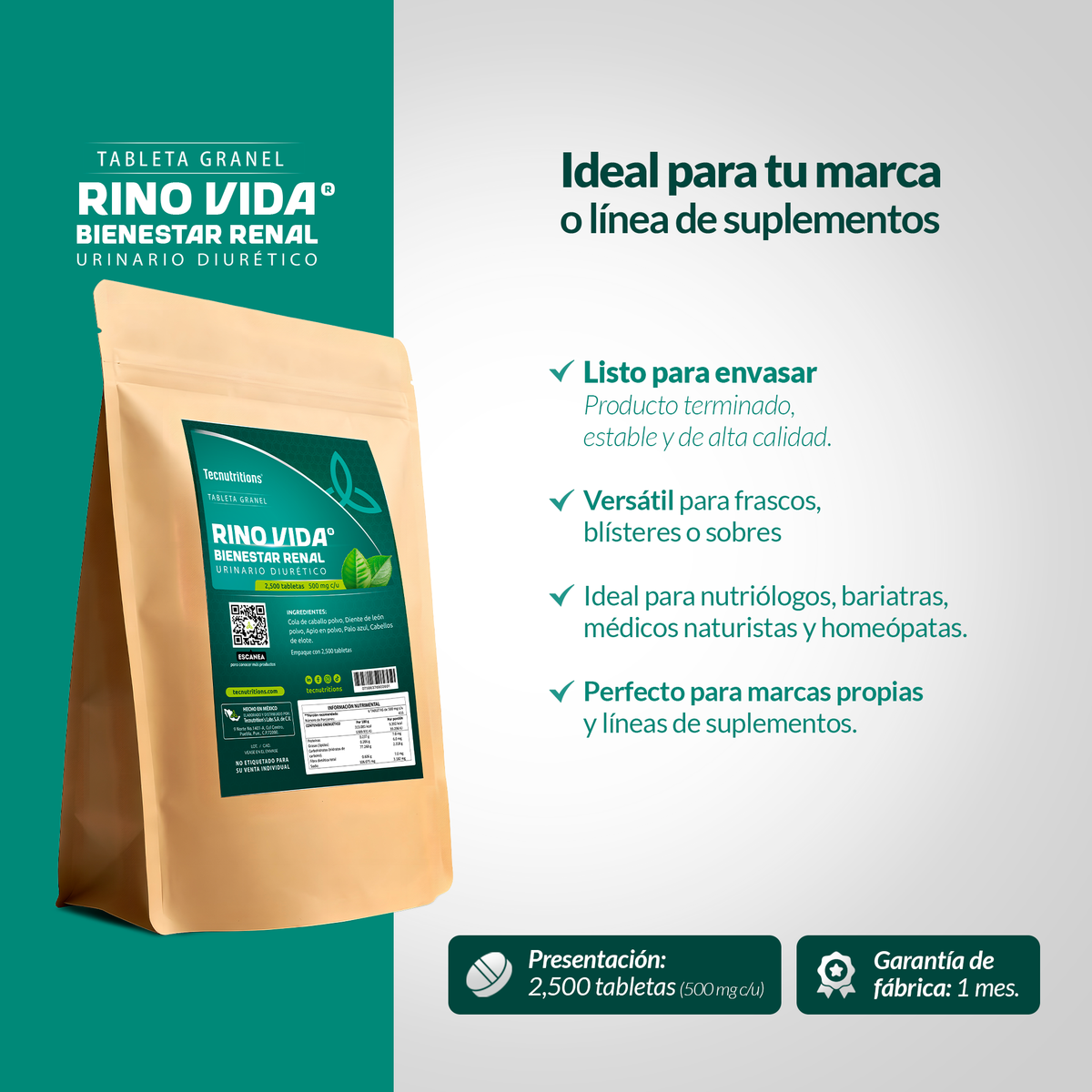 Tableta Granel Rino Vida® Bienestar Renal Urinario Diurético