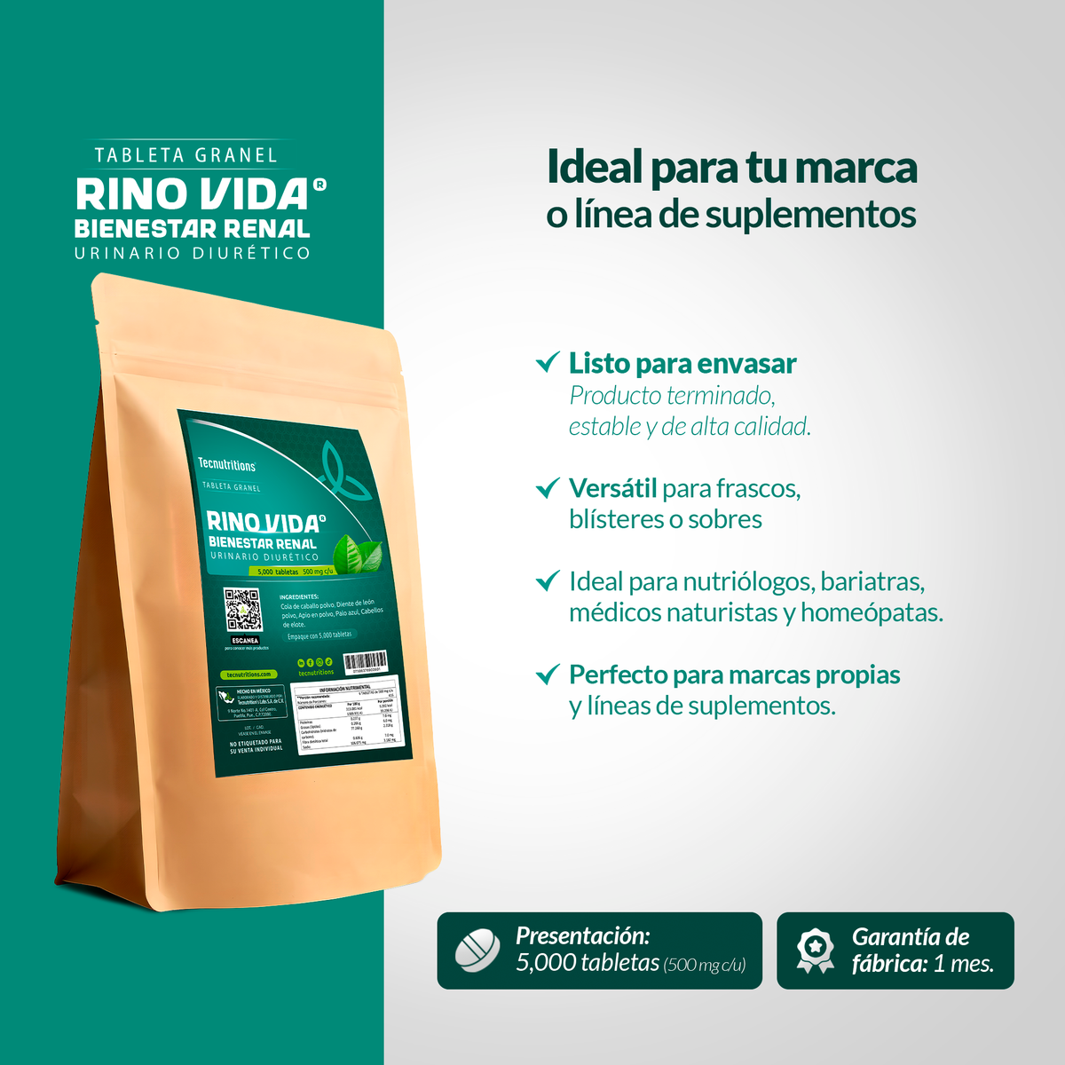 Tableta Granel Rino Vida® Bienestar Renal Urinario Diurético