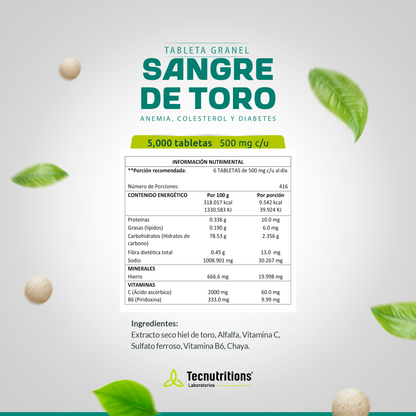 Tableta Granel Sangre De Toro Anemia Colesterol Y Diabetes