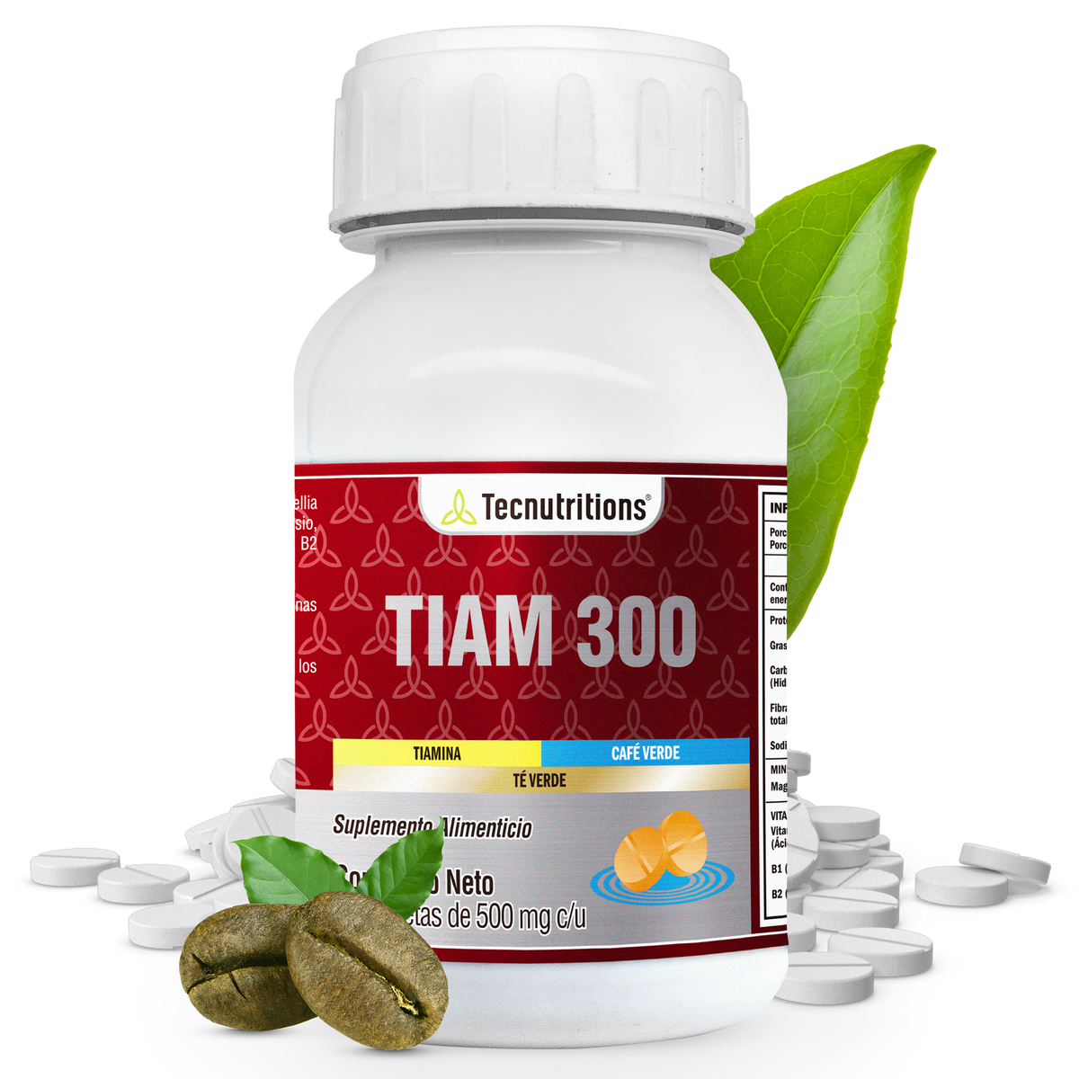 Suplemento alimenticio Tiam 300, 60 tabs, con Tiamina, café verde, desvelos, fatiga