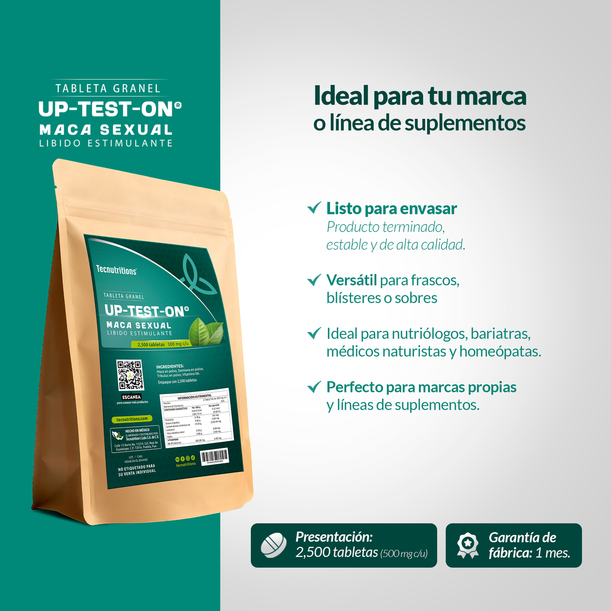 Tableta Granel Up-test-on® Maca Sexual, Libido Estimulante