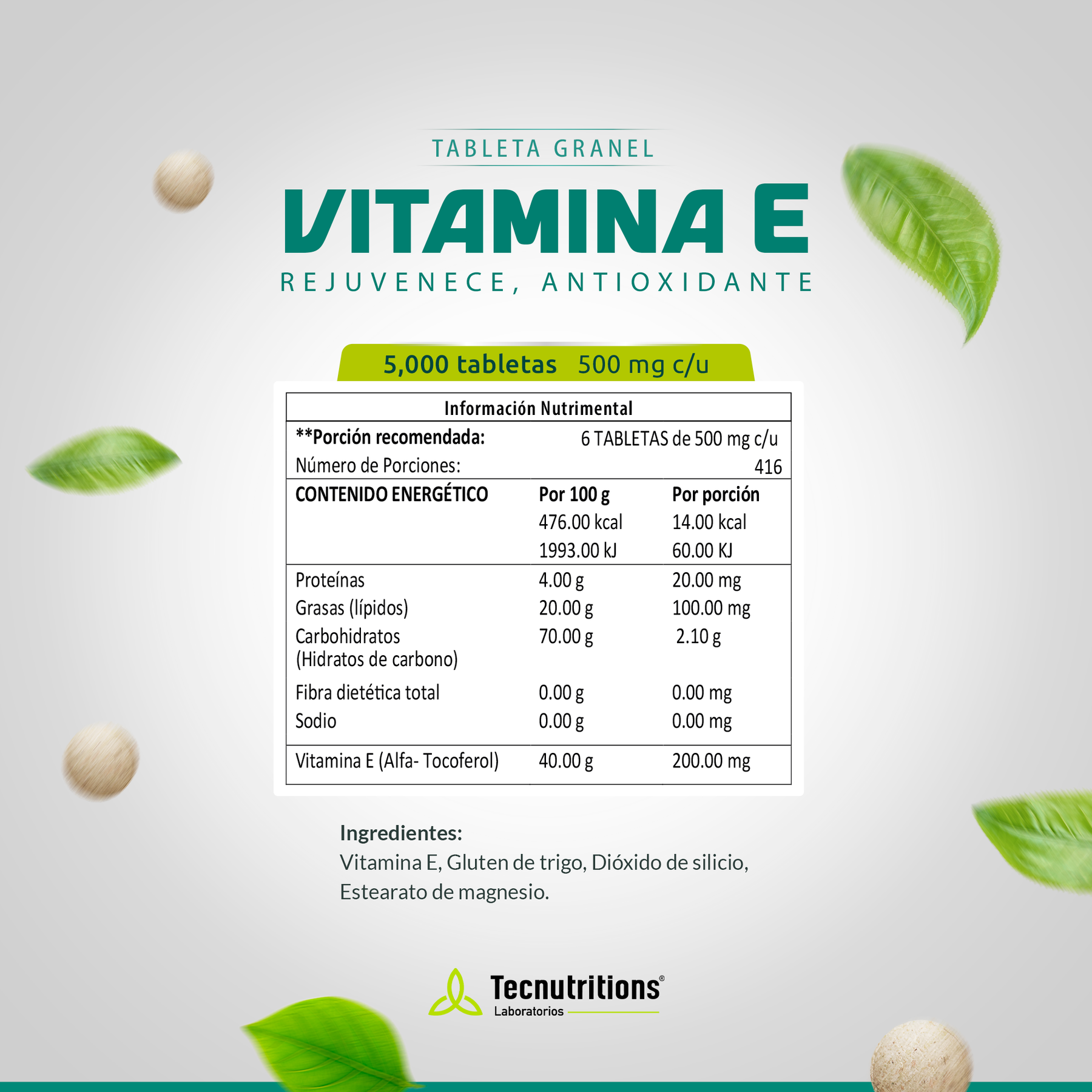 Vitamina E 5000 Tabletas – Apoyo Antioxidante y Salud de la Piel | Presentación a Granel