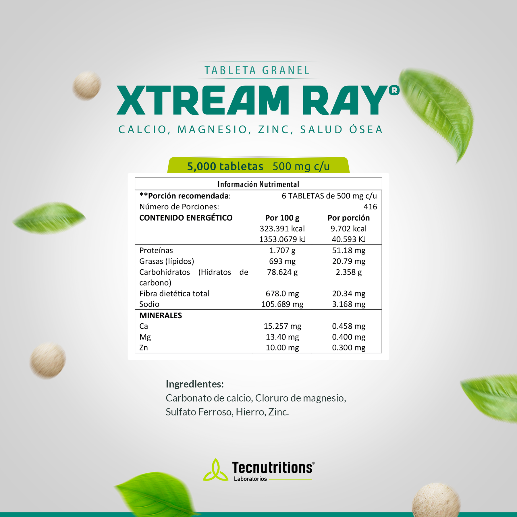 Tableta Granel Xtream Ray® Calcio Magnesio Zinc Salud Ósea