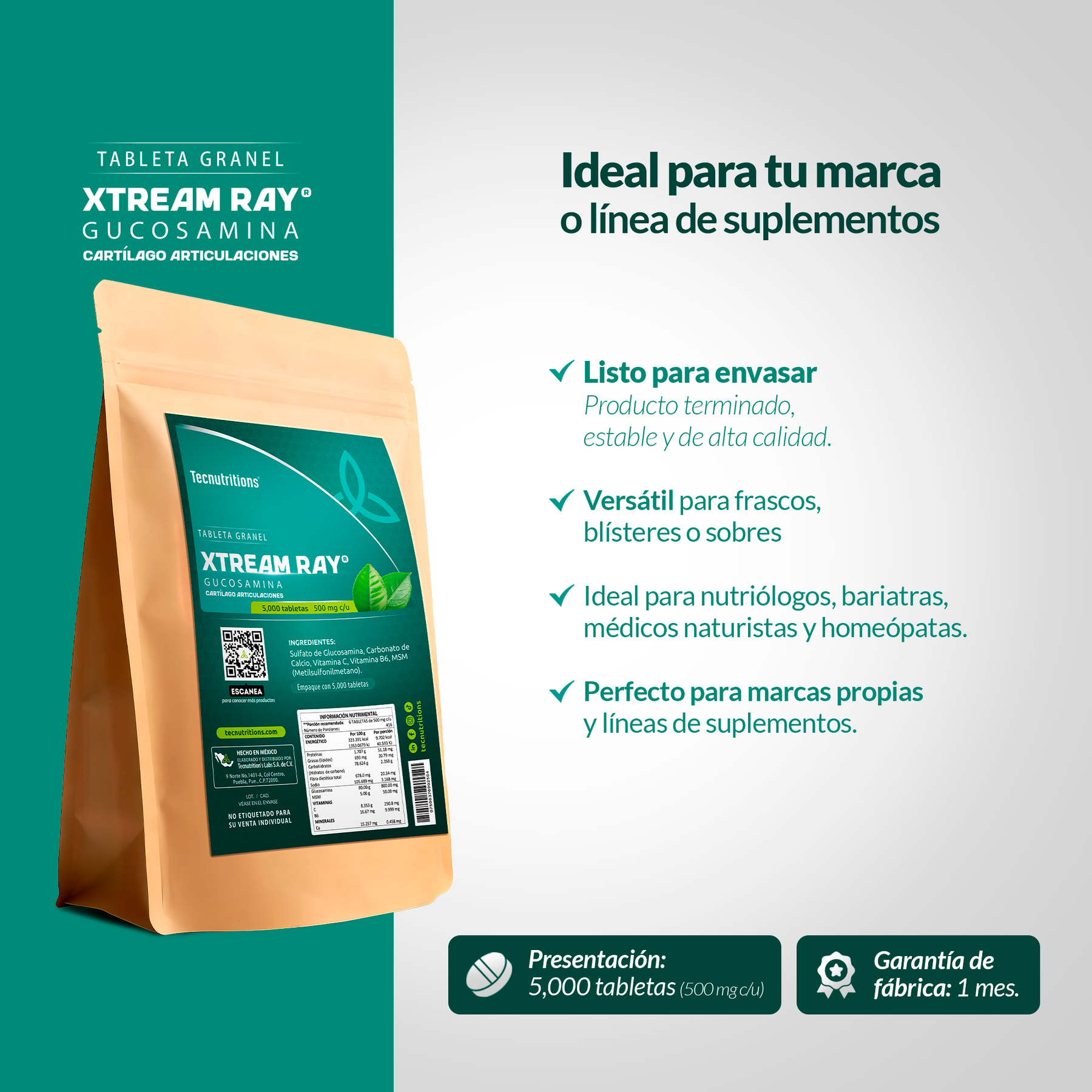 Xtream Ray® Glucosamina 5000 Tabletas – Apoyo Articular y Cartílago | Presentación a Granel